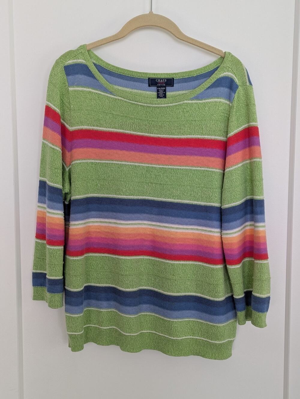 Chaps P XL Linen Cotton Striped Sweater Green Blue Nautical Preppy Pastel Girl